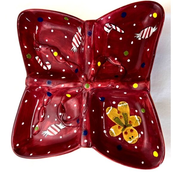 Christmas-Themed Ceramic Divided Serving Dish With Candy & Gingerbread Man Desig - Picture 1 of 7